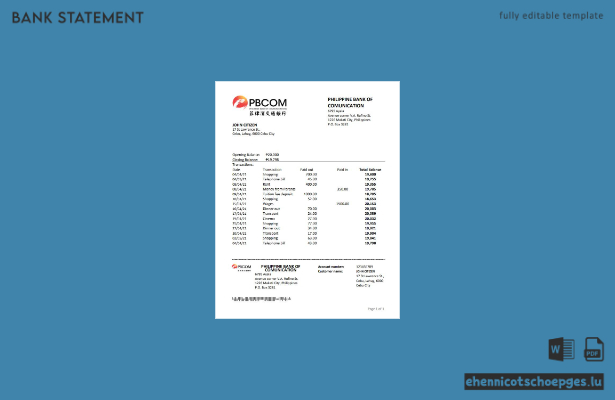 Beispiel-Excel-Vorschau eines Kontoauszugs der Philippinischen Bank of Communications